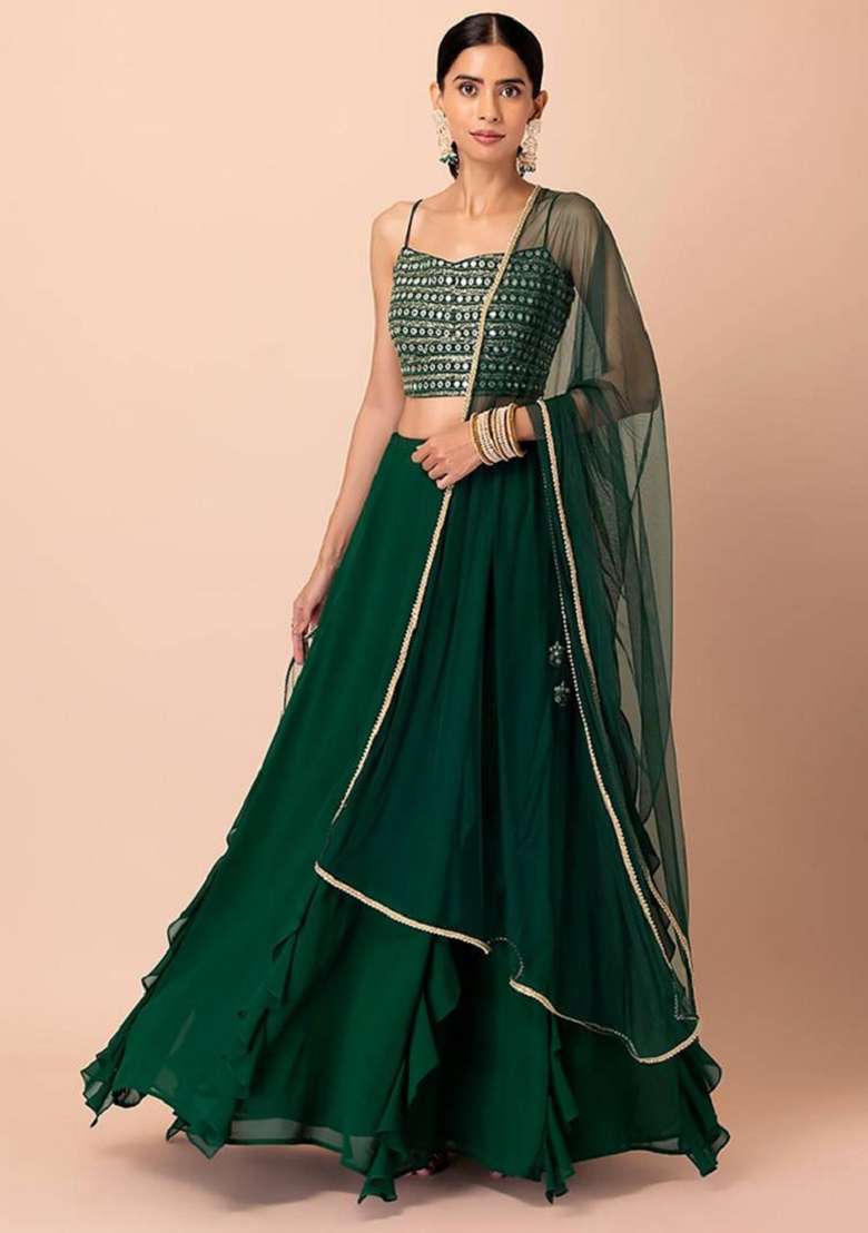 Green Georgette Lehenga Set with Embroidered for Diwali | Wedding & Festive Wear - Indya