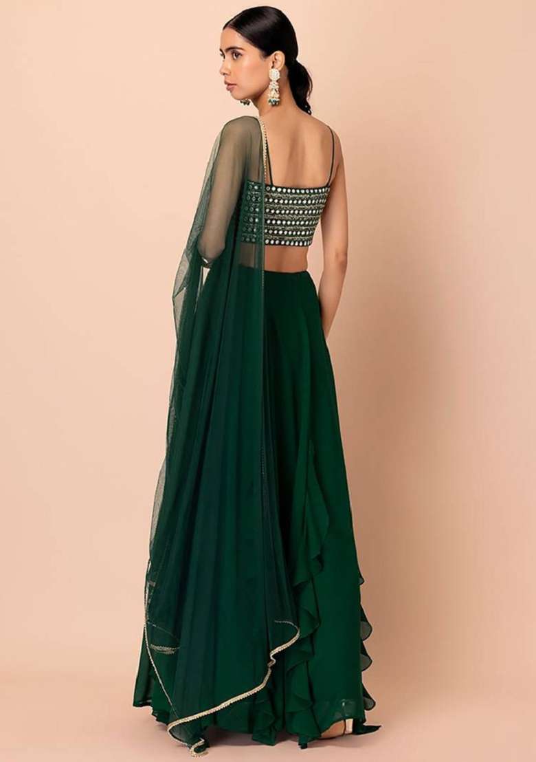 Green Georgette Lehenga Set with Embroidered for Diwali | Wedding & Festive Wear - Indya