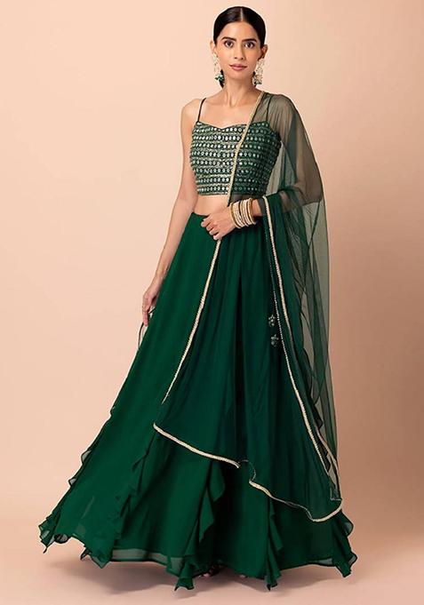 Green Embroidered Georgette Lehenga Set