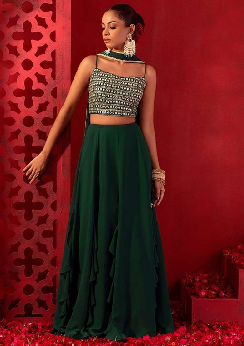 Green Embroidered Georgette Lehenga Set for Diwali and Festive Wear - Indya
