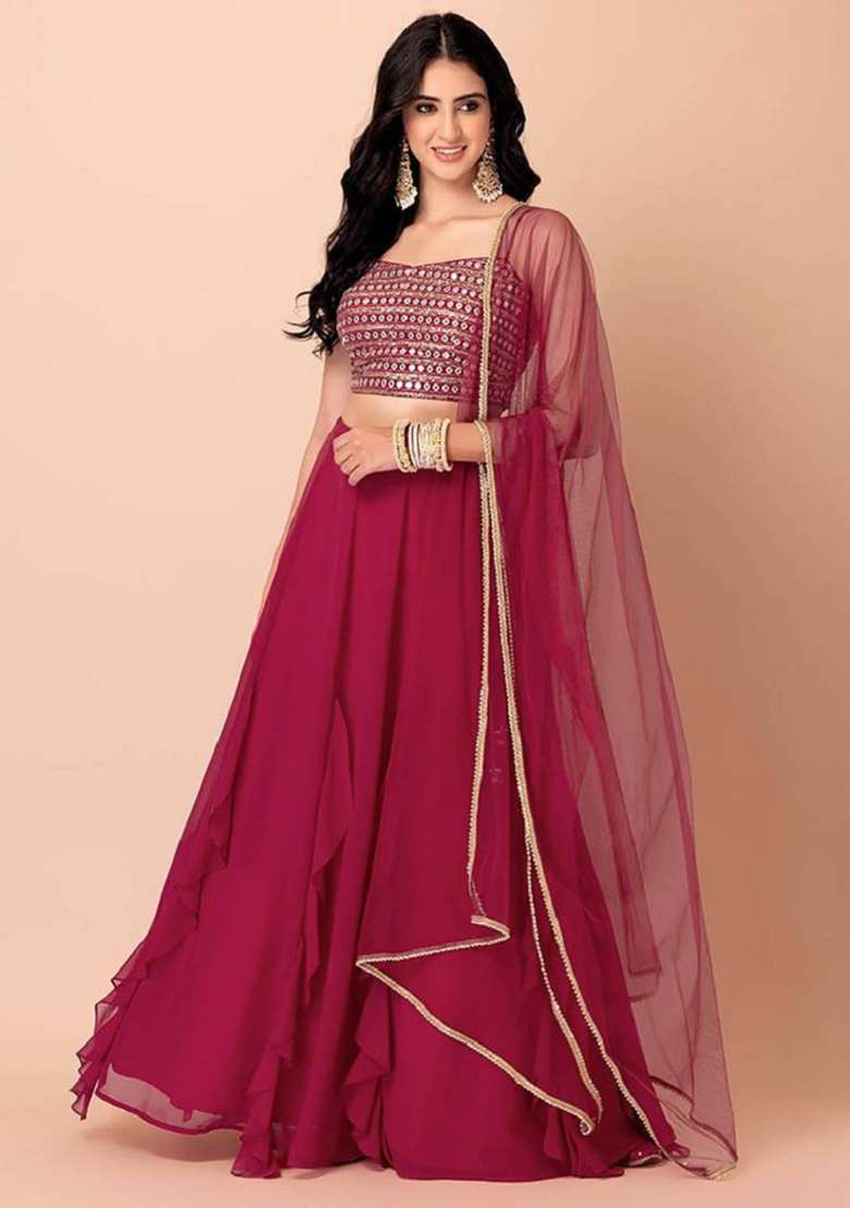Pink Embroidered Georgette Lehenga Set for Diwali and Festive Wear - Indya