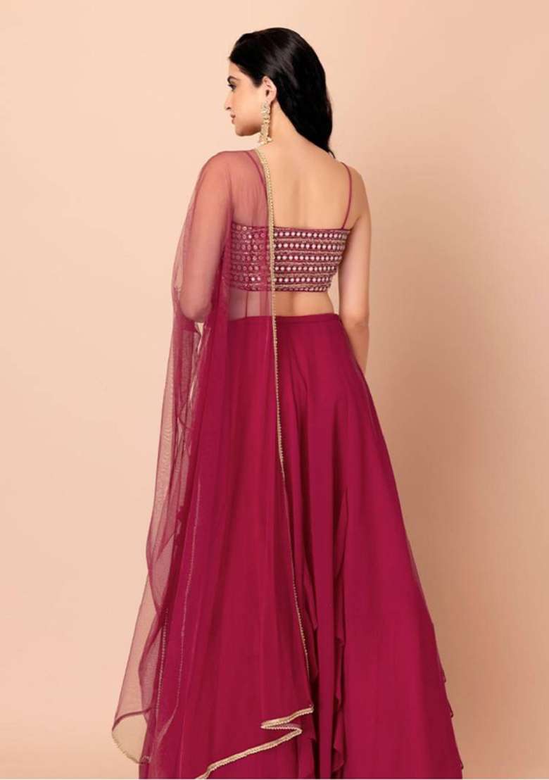 Pink Embroidered Georgette Lehenga Set for Diwali and Festive Wear - Indya