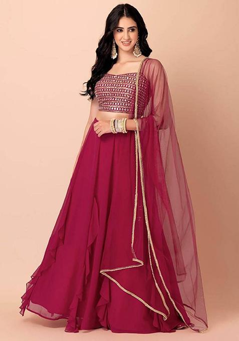 Pink Embroidered Georgette Lehenga Set
