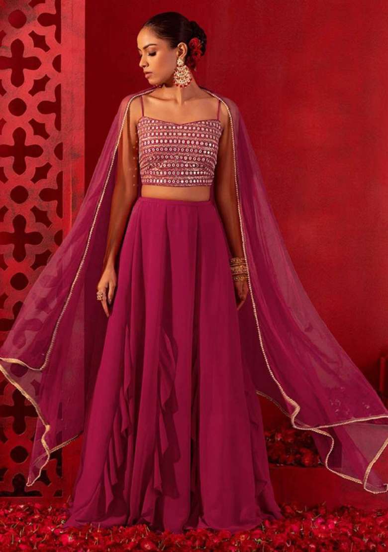 Pink Georgette Lehenga Set with Embroidered for Diwali | Wedding & Festive Wear - Indya