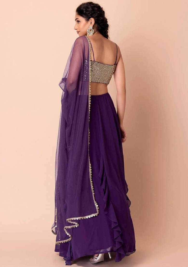Purple Embroidered Georgette Lehenga Set for Diwali and Festive Wear - Indya