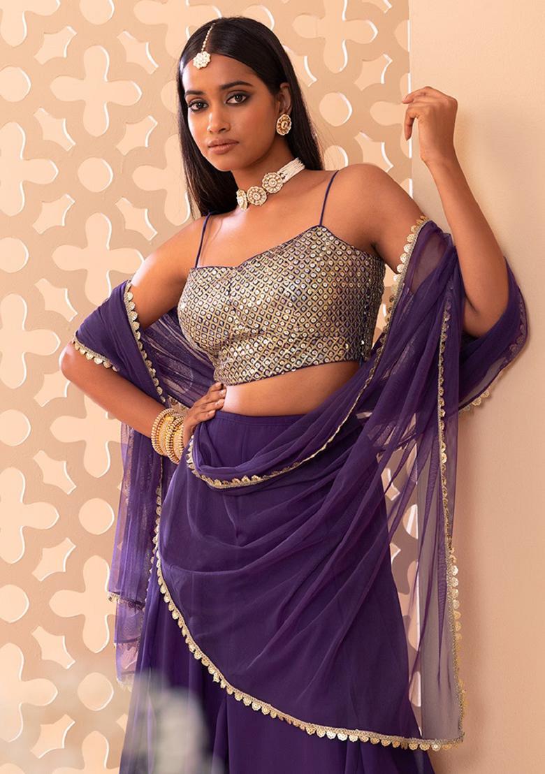 Purple Embroidered Georgette Lehenga Set