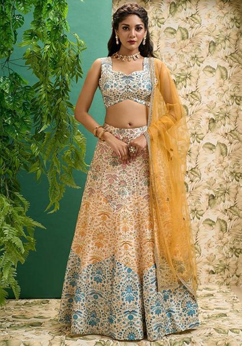 Multicolor Embroidered Art Silk Lehenga Set