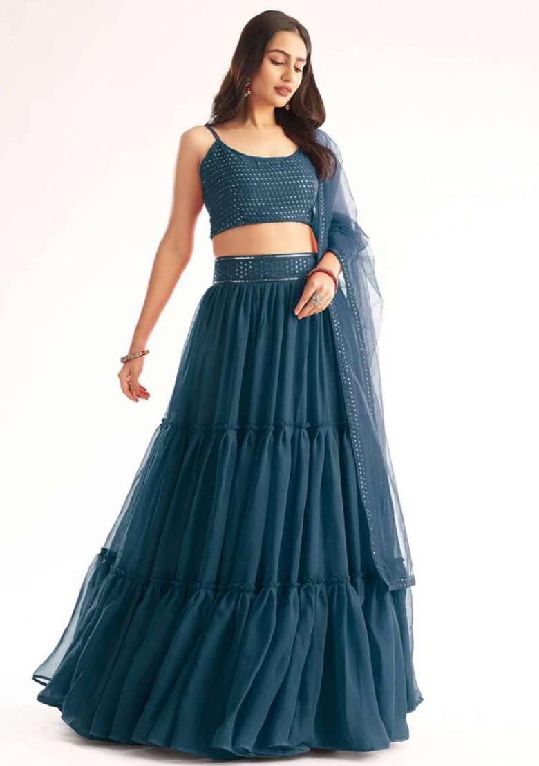 Blue Embroidered Georgette Lehenga Set for Diwali and Festive Wear - Indya