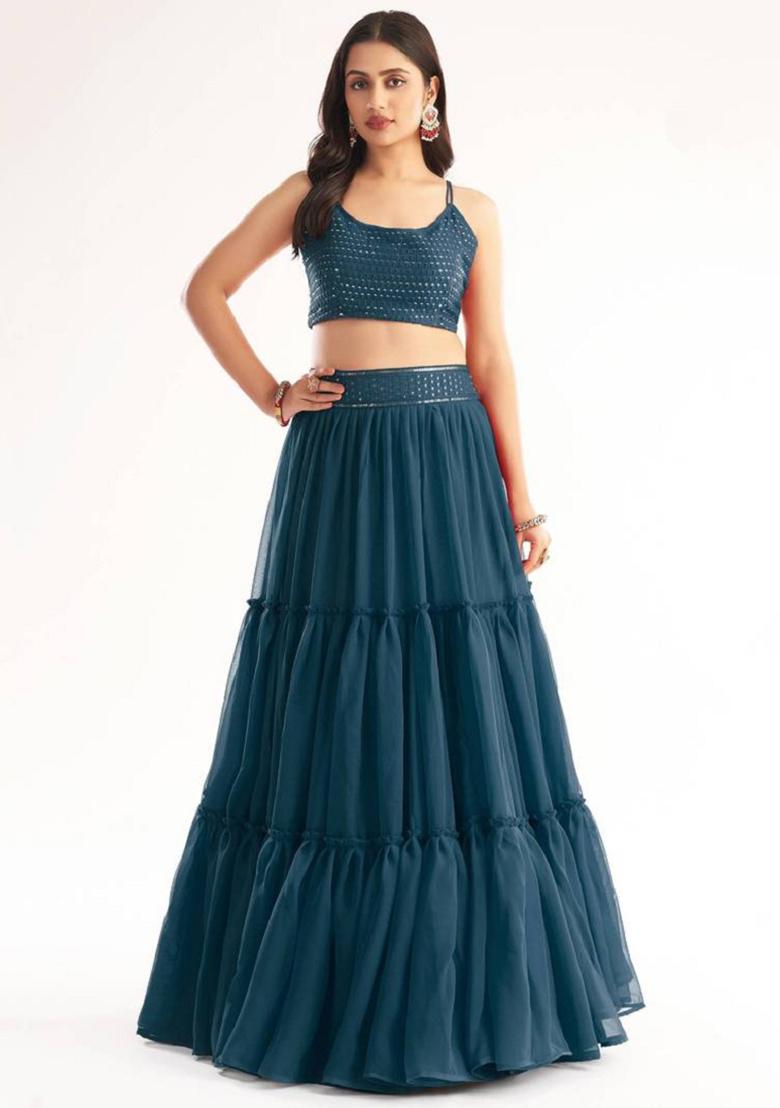 Blue Embroidered Georgette Lehenga Set