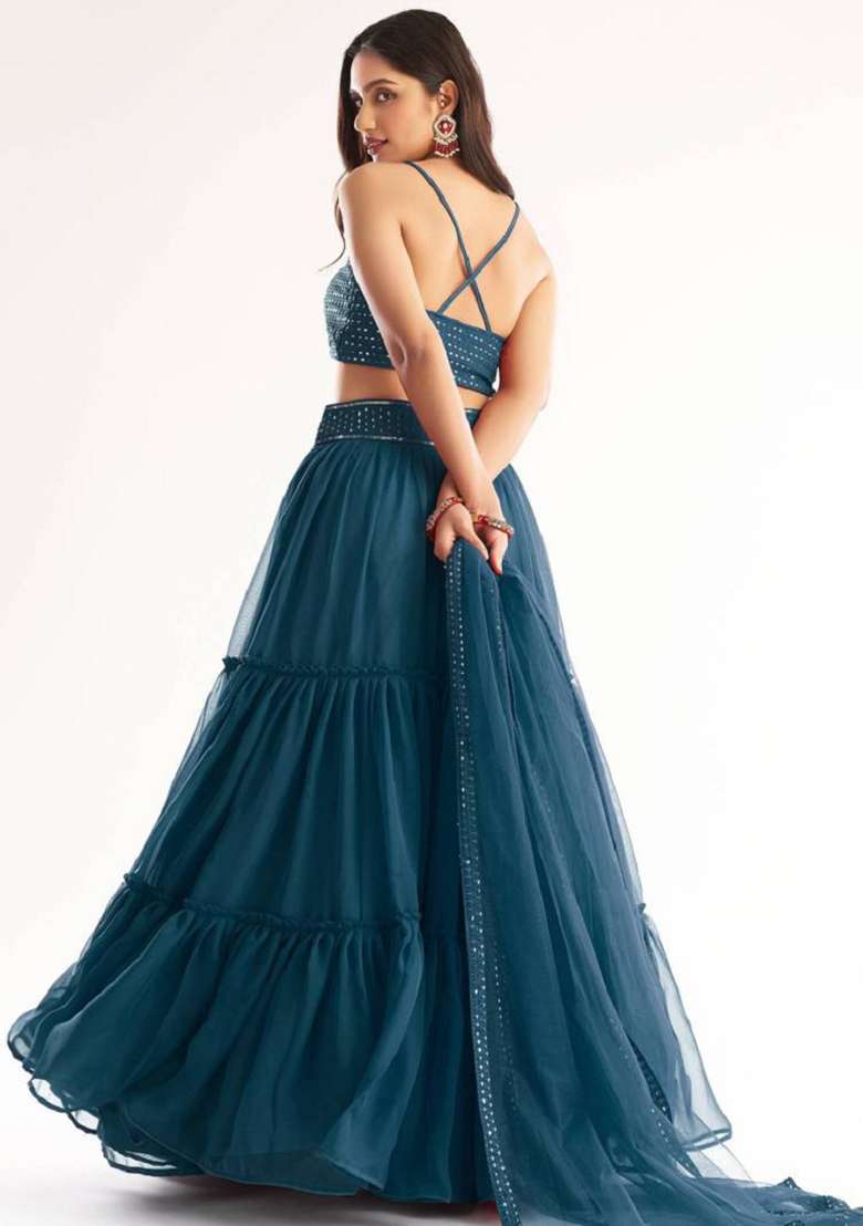 Blue Embroidered Georgette Lehenga Set for Diwali and Festive Wear - Indya
