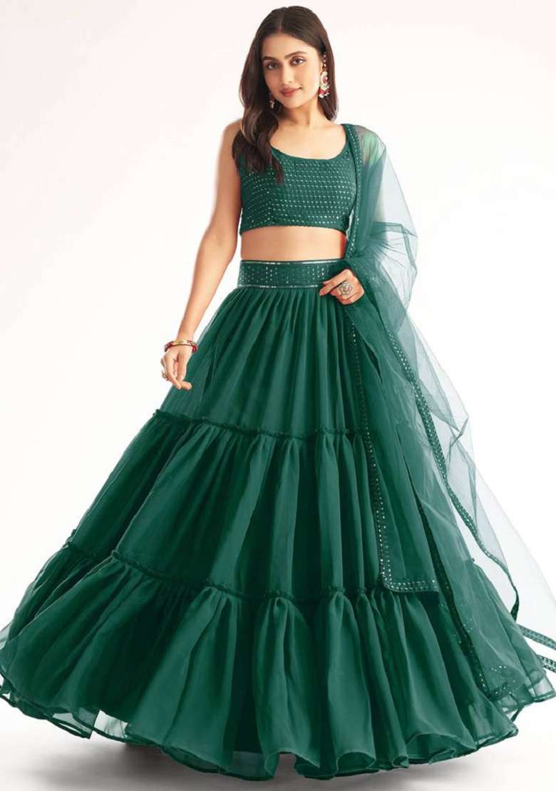 Green Embroidered Georgette Lehenga Set for Diwali and Festive Wear - Indya