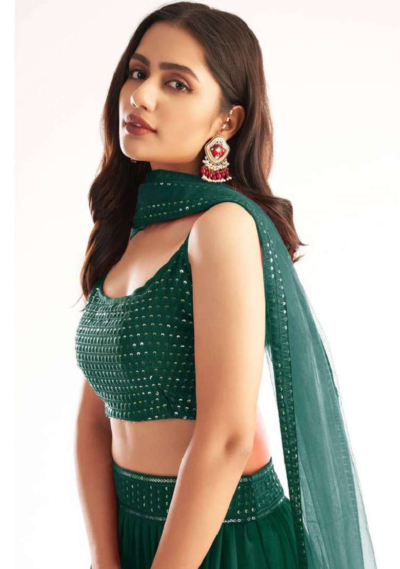 Green Embroidered Georgette Lehenga Set for Diwali and Festive Wear - Indya