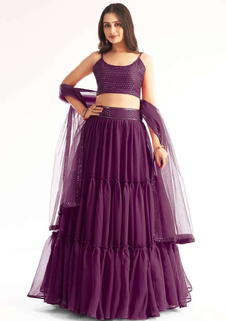 Purple Georgette Lehenga Set with Embroidered for Diwali | Wedding & Festive Wear - Indya