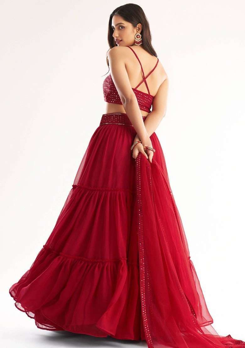 Red Embroidered Georgette Lehenga Set for Diwali and Festive Wear - Indya