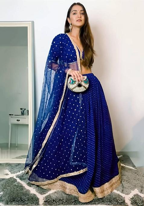 Blue Embroidered Georgette Lehenga Set