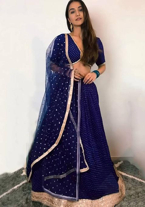 Blue Embroidered Georgette Lehenga Set