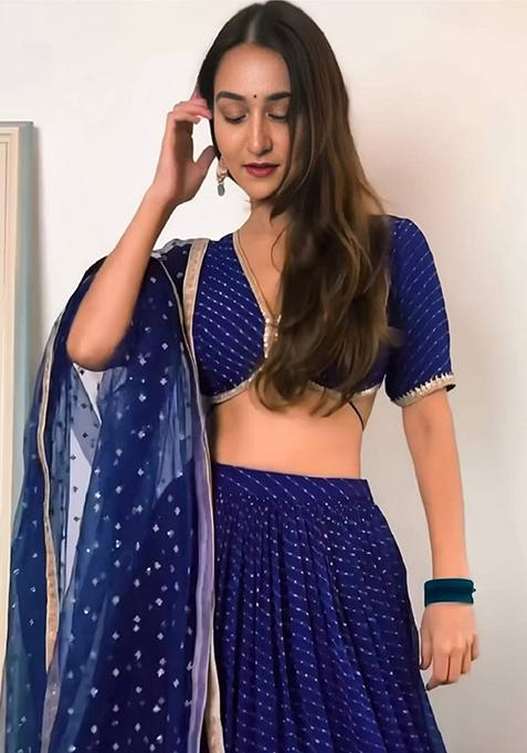 Blue Embroidered Georgette Lehenga Set
