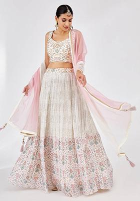 Off White Embroidered Georgette Lehenga Set