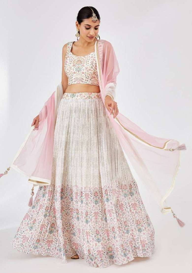 Off White Embroidered Georgette Lehenga Set for Diwali and Festive Wear - Indya