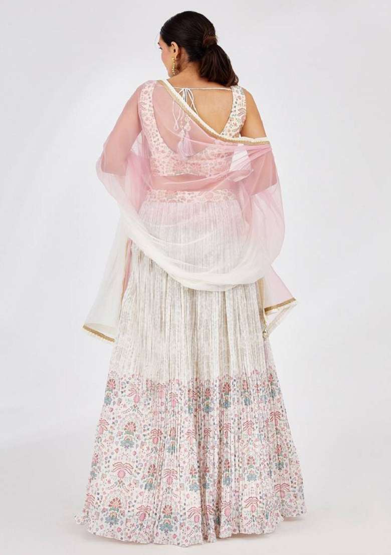 Off White Embroidered Georgette Lehenga Set for Diwali and Festive Wear - Indya