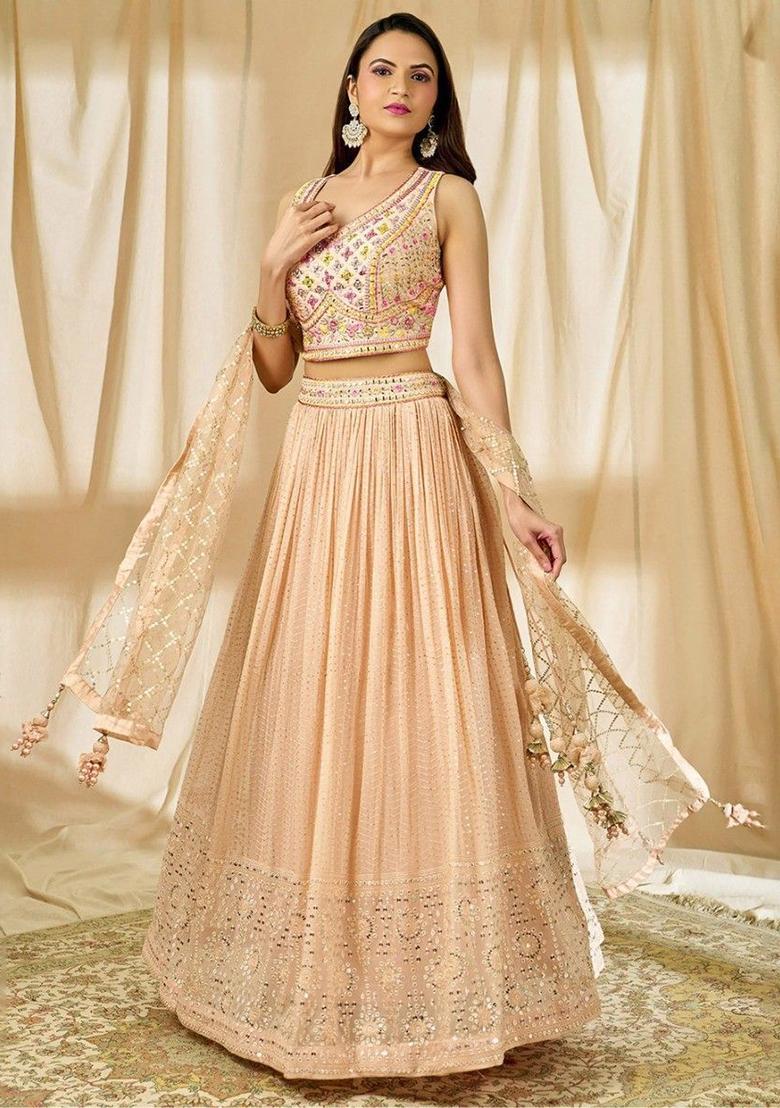 Peach Embroidered Georgette Lehenga Set