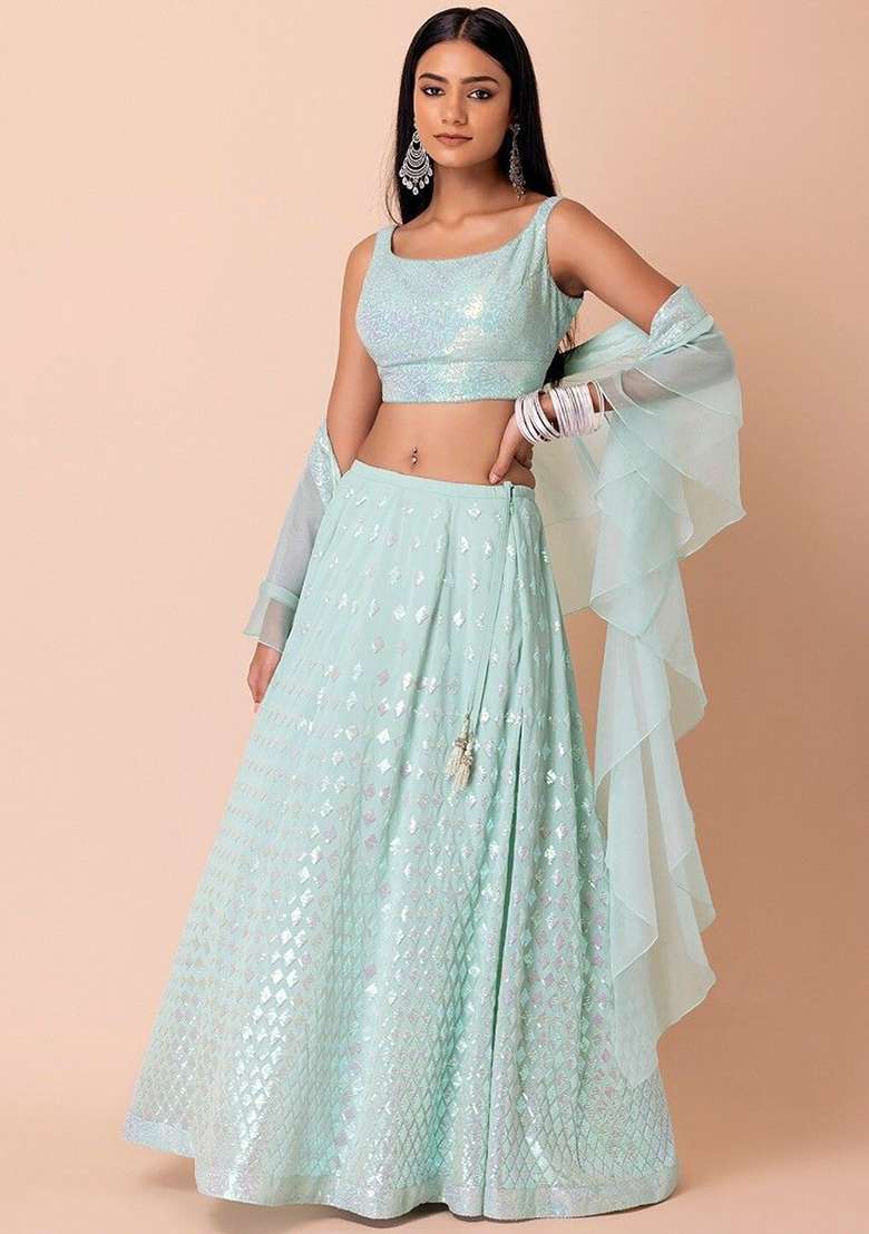 Sky Blue Georgette Lehenga Set with Embroidered for Diwali | Wedding & Festive Wear - Indya