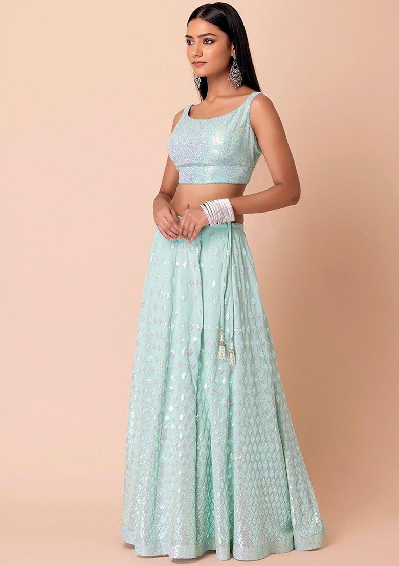 Sky Blue Embroidered Georgette Lehenga Set