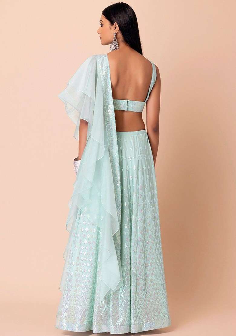 Sky Blue Georgette Lehenga Set with Embroidered for Diwali | Wedding & Festive Wear - Indya