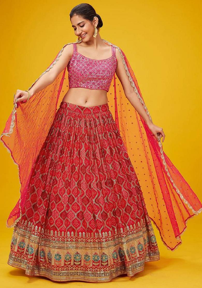 Red Embroidered Art Silk Lehenga Set