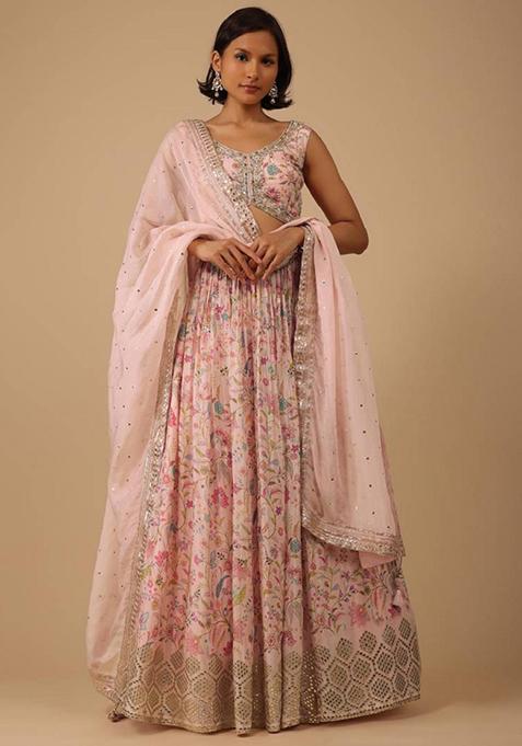 Peach Embroidered Organza Lehenga Set
