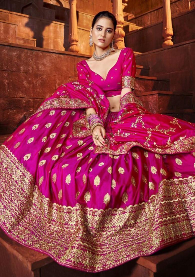 Hot Pink Embroidered Silk Lehenga Set