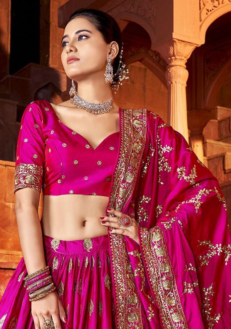 Hot Pink Embroidered Silk Lehenga Set