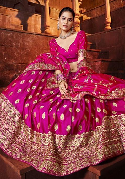 Hot Pink Embroidered Silk Lehenga Set
