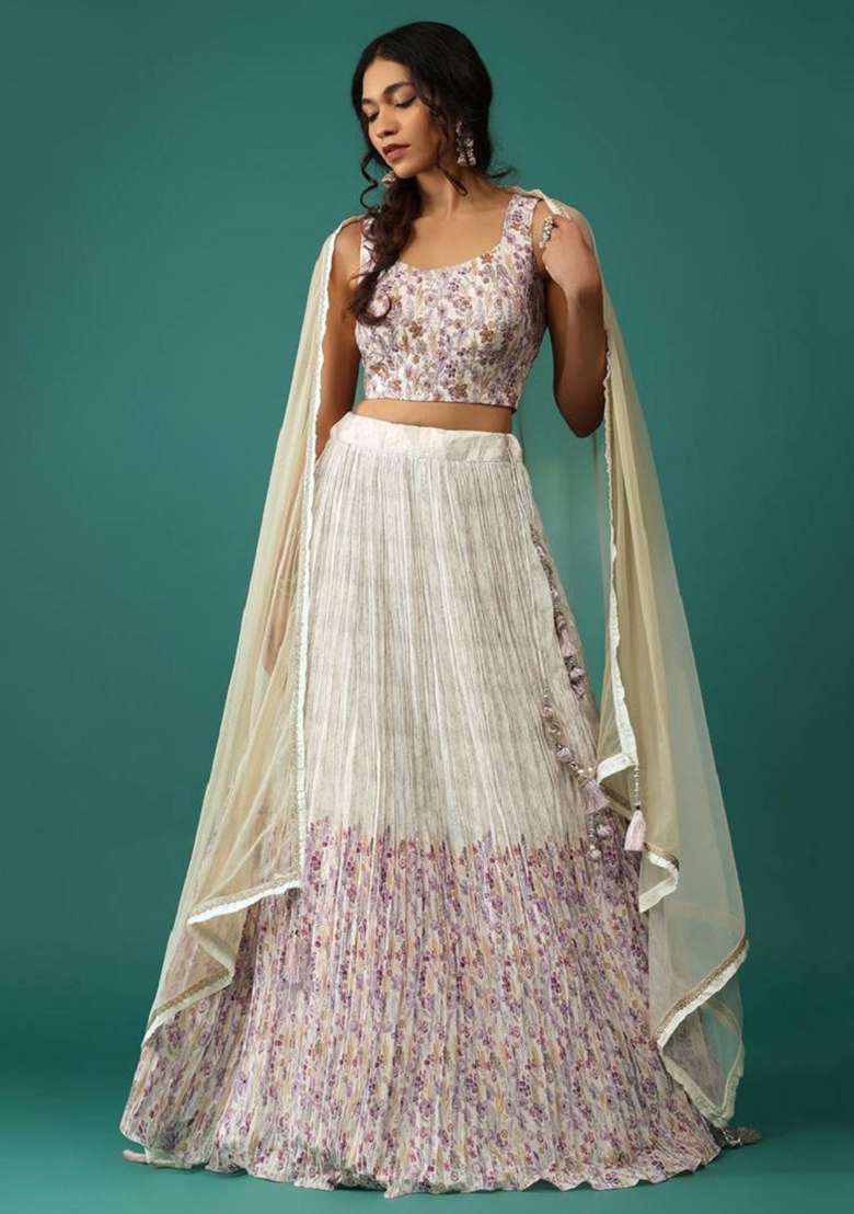 Off White Blend Art Silk Lehenga Set with Embroidered for Diwali | Wedding & Festive Wear - Indya