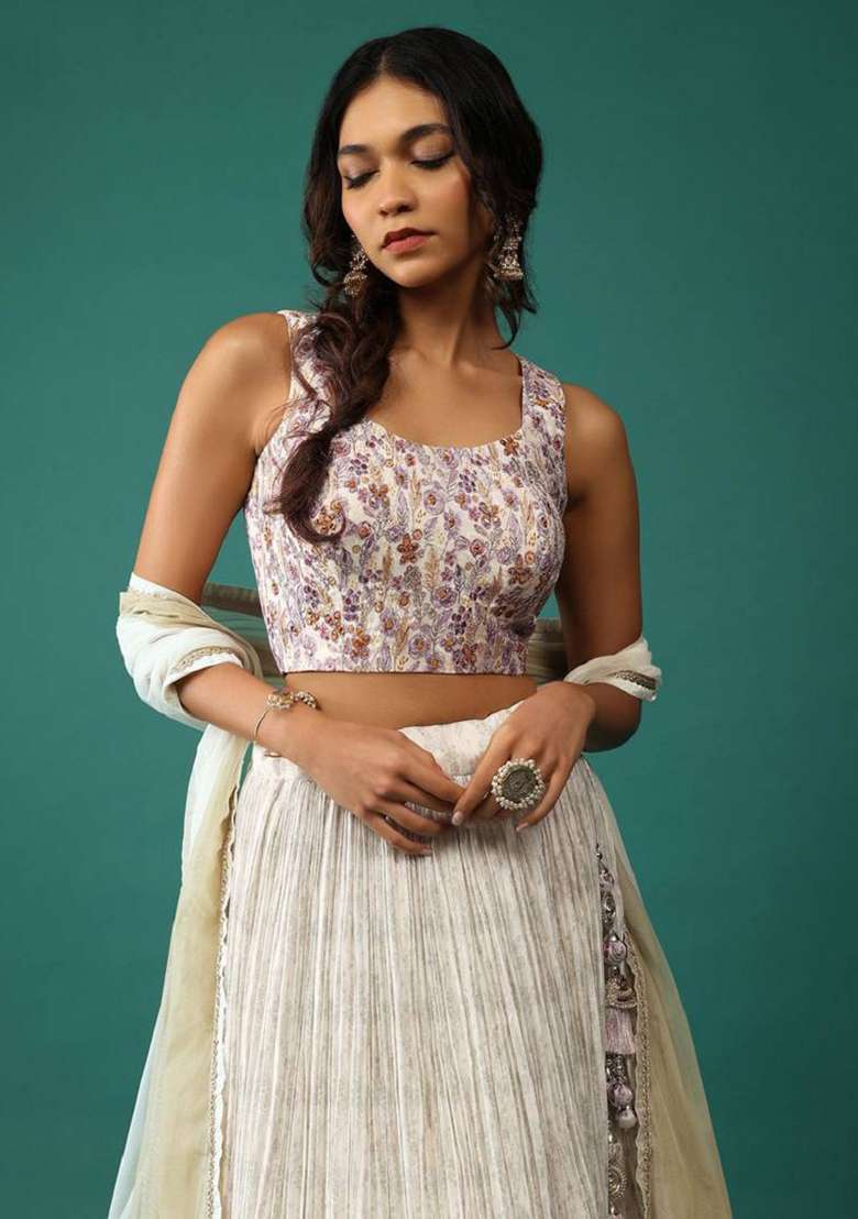 Off White Blend Art Silk Lehenga Set with Embroidered for Diwali | Wedding & Festive Wear - Indya