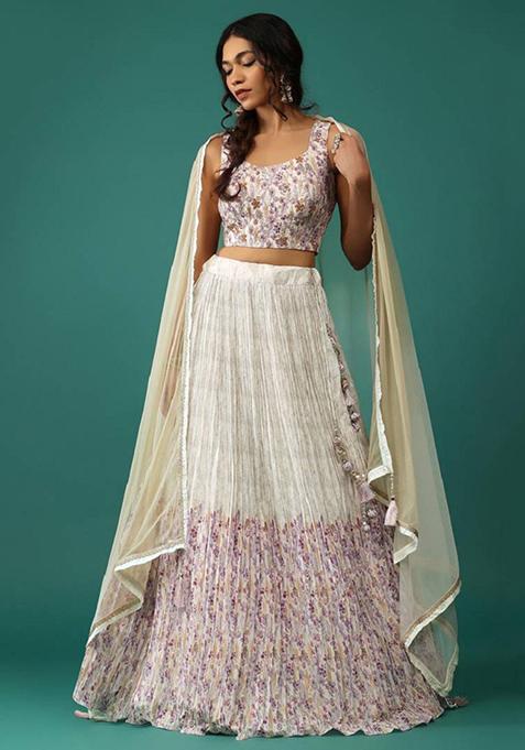 Off White Embroidered Art Silk Lehenga Set