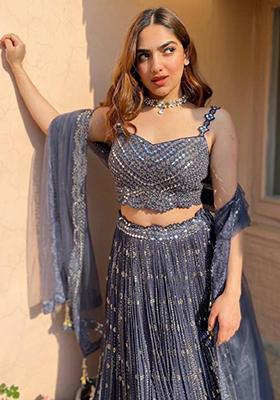 Grey Embroidered Georgette Lehenga Set