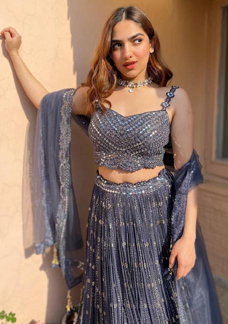 Grey Embroidered Georgette Lehenga Set