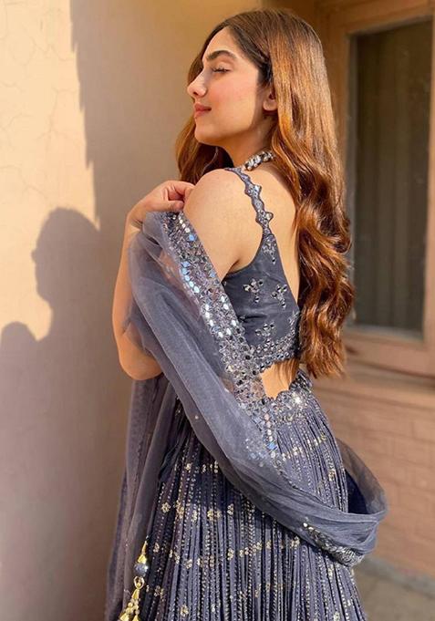 Grey Embroidered Georgette Lehenga Set