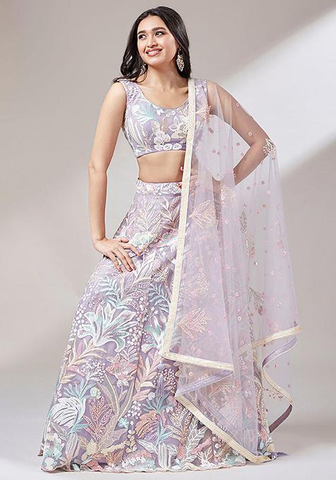 Lavender Embroidered Net Lehenga Set