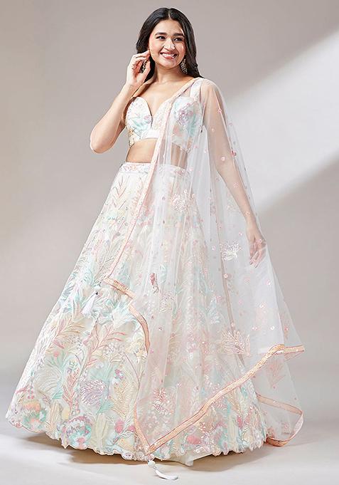 Off White Embroidered Net Lehenga Set