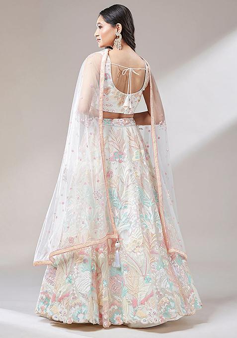 Off White Embroidered Net Lehenga Set