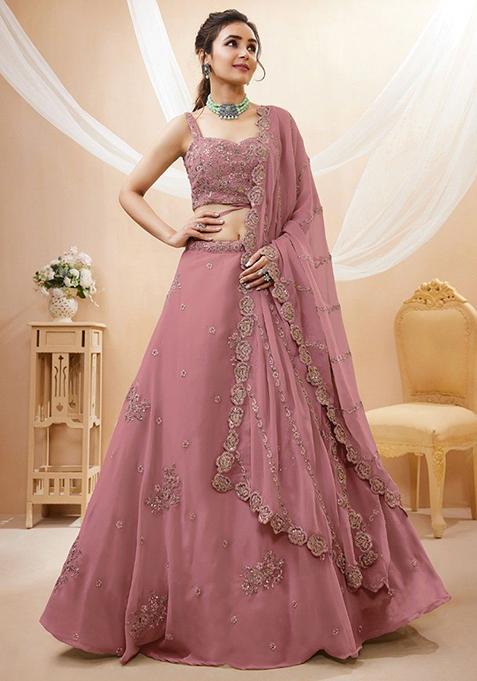Dusty Pink Embroidered Georgette Lehenga Set