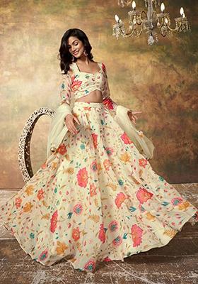 Beige Embroidered Organza Lehenga Set