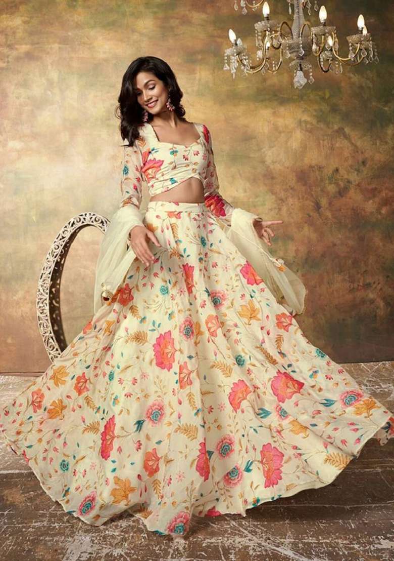 Beige Embroidered Organza Lehenga Set - Indya