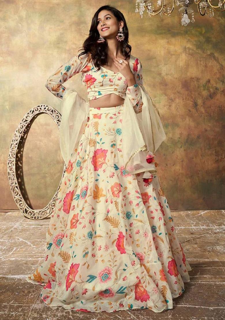 Beige Embroidered Organza Lehenga Set