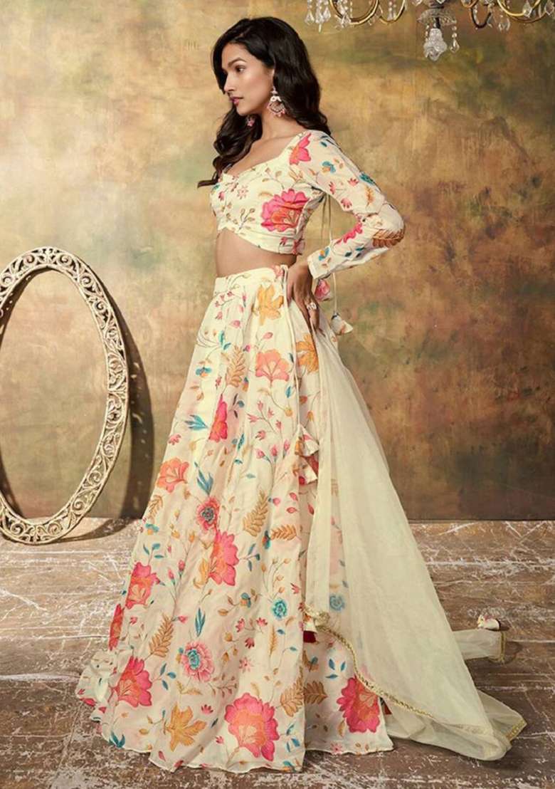 Beige Embroidered Organza Lehenga Set - Indya