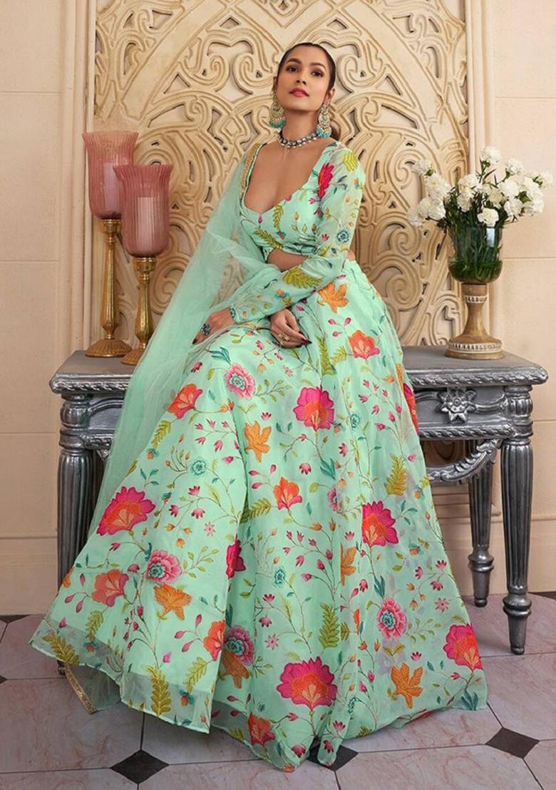 Sea Green Embroidered Organza Lehenga Set