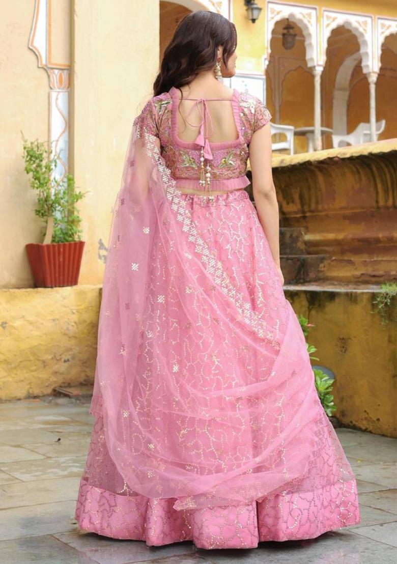 Blush Pink Embroidered Net Lehenga Set