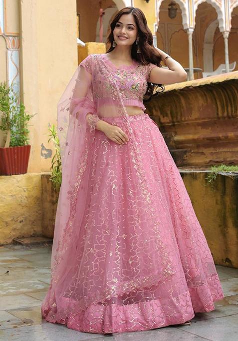 Blush Pink Embroidered Net Lehenga Set